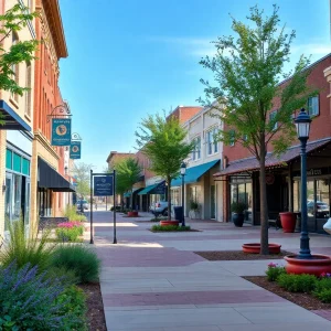 Revitalized downtown area in Oklahoma with new facades and landscaping