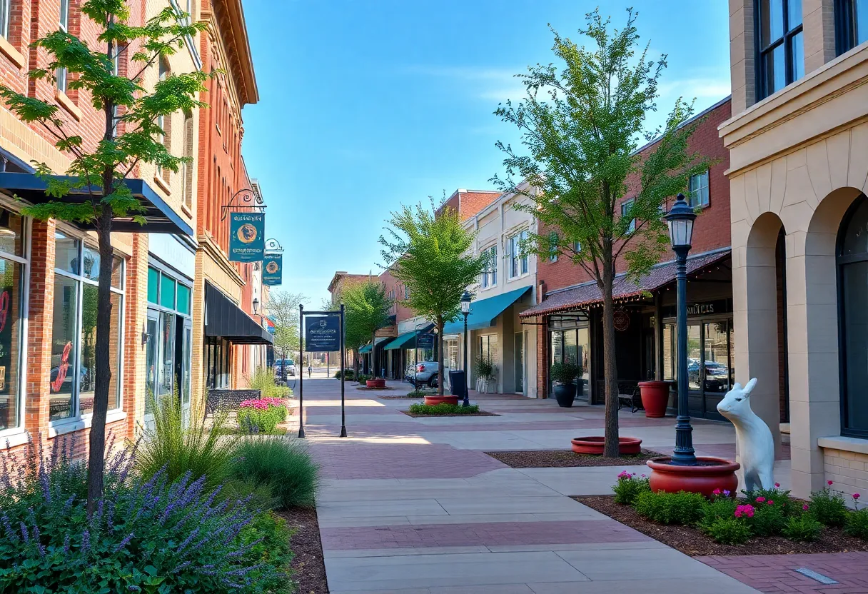Revitalized downtown area in Oklahoma with new facades and landscaping
