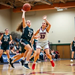 Girls' high school basketball game with players from Edmond North in action