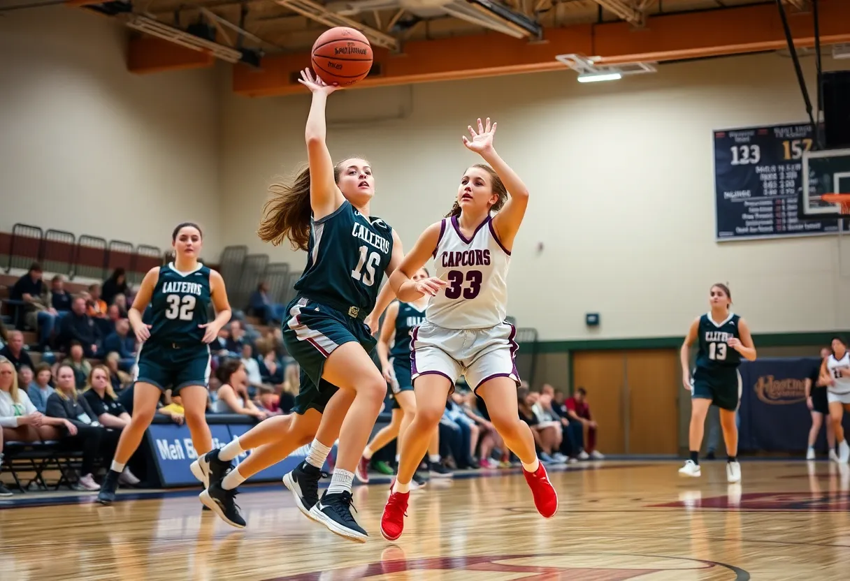 Girls' high school basketball game with players from Edmond North in action