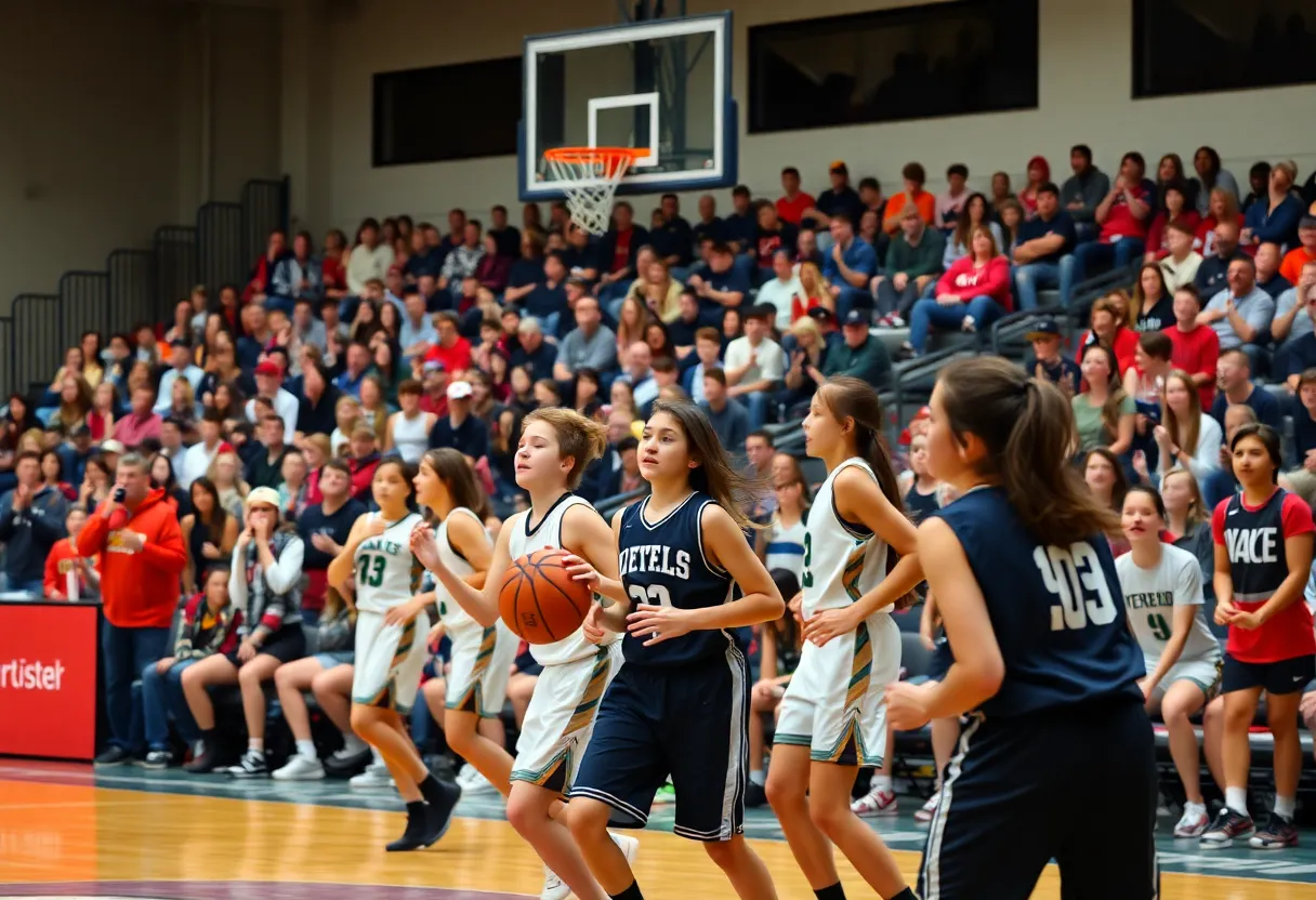 Edmond Santa Fe High School basketball players in a game against Crossings Christian.