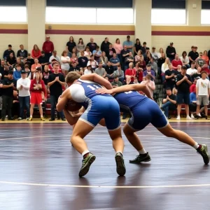 Athletes competing in high school wrestling match