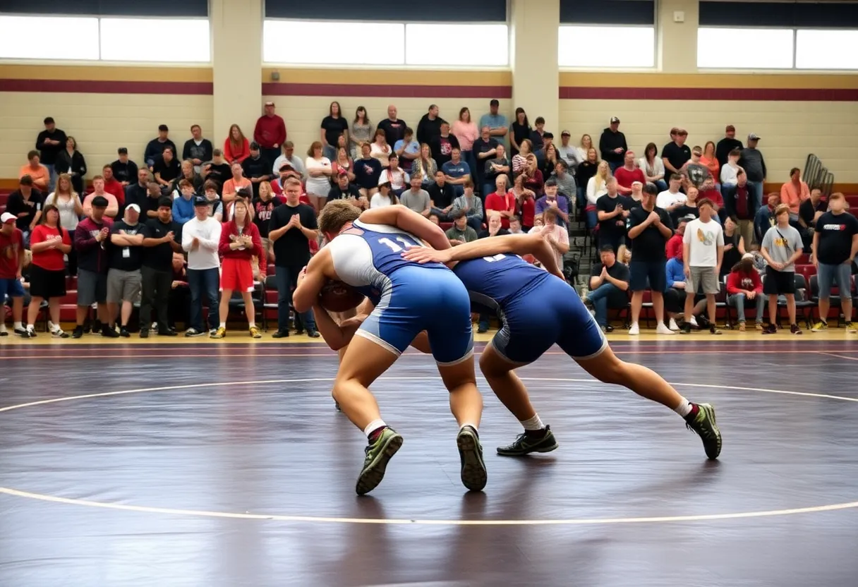 Athletes competing in high school wrestling match