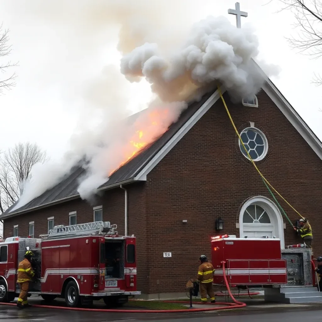 Smoke rising from the roof of Faith, Hope and Love Missionary Baptist Church during fire.