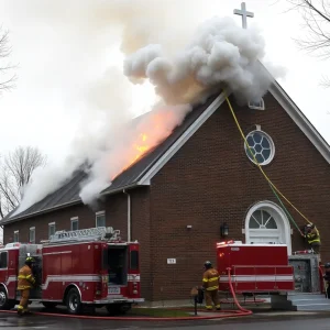 Smoke rising from the roof of Faith, Hope and Love Missionary Baptist Church during fire.