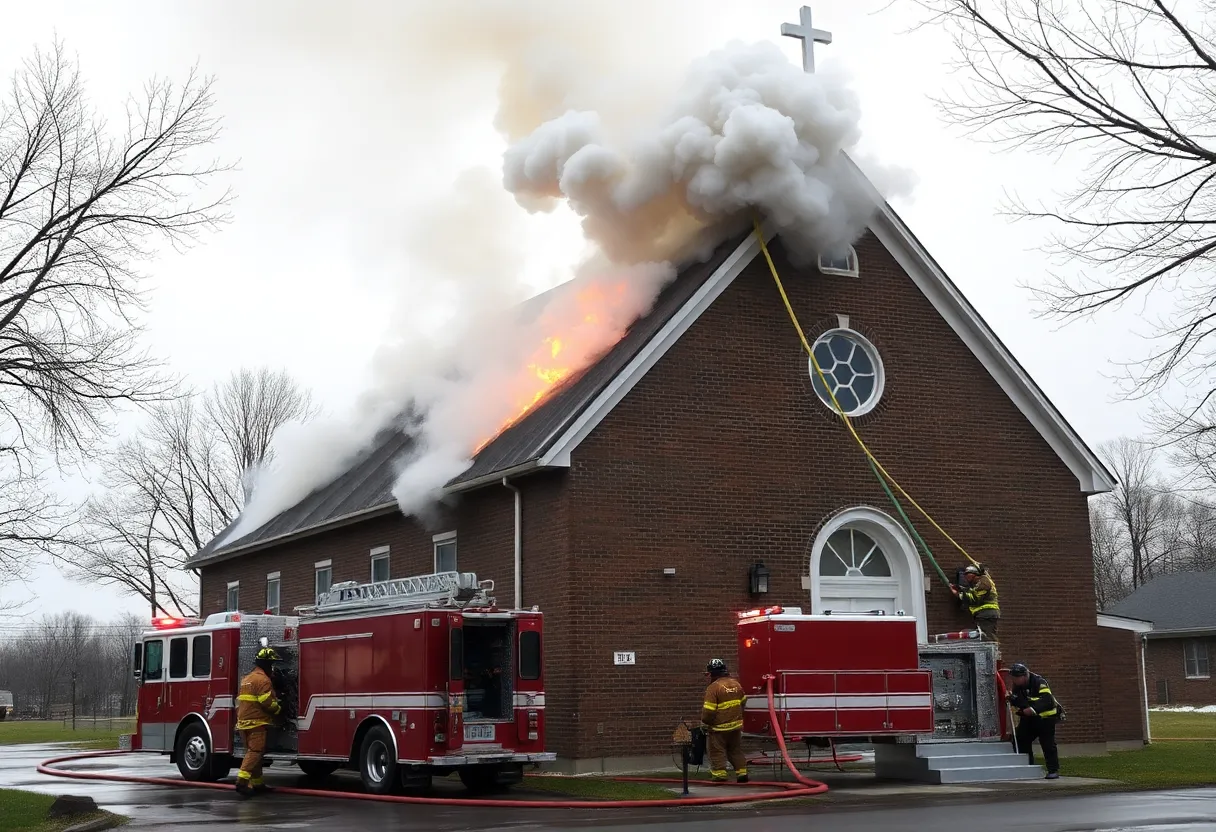 Smoke rising from the roof of Faith, Hope and Love Missionary Baptist Church during fire.