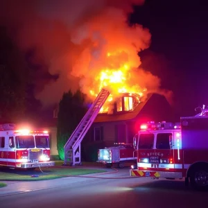 Firefighters extinguishing flames from a residential building in Oklahoma City