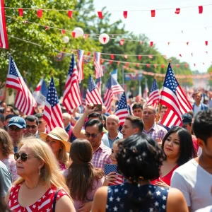 A diverse crowd celebrating the Freedom 250 Tour with flags and decorations