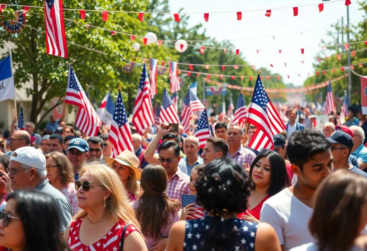 A diverse crowd celebrating the Freedom 250 Tour with flags and decorations