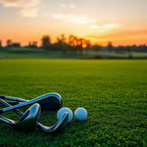 Sunset view of a golf course with equipment