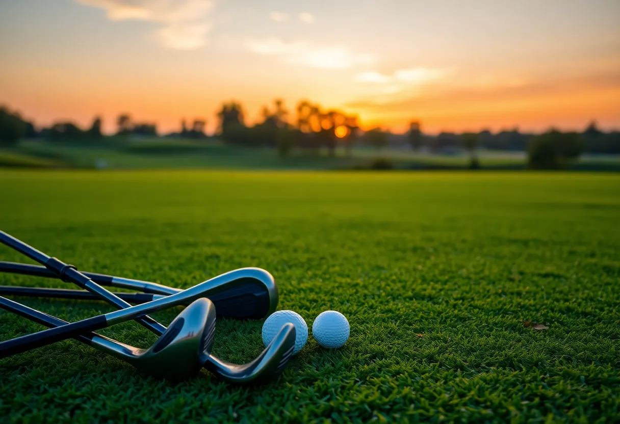 Sunset view of a golf course with equipment