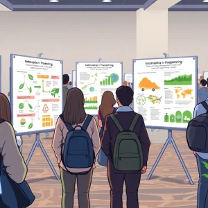 Graduate research conference display with posters highlighting engineering research