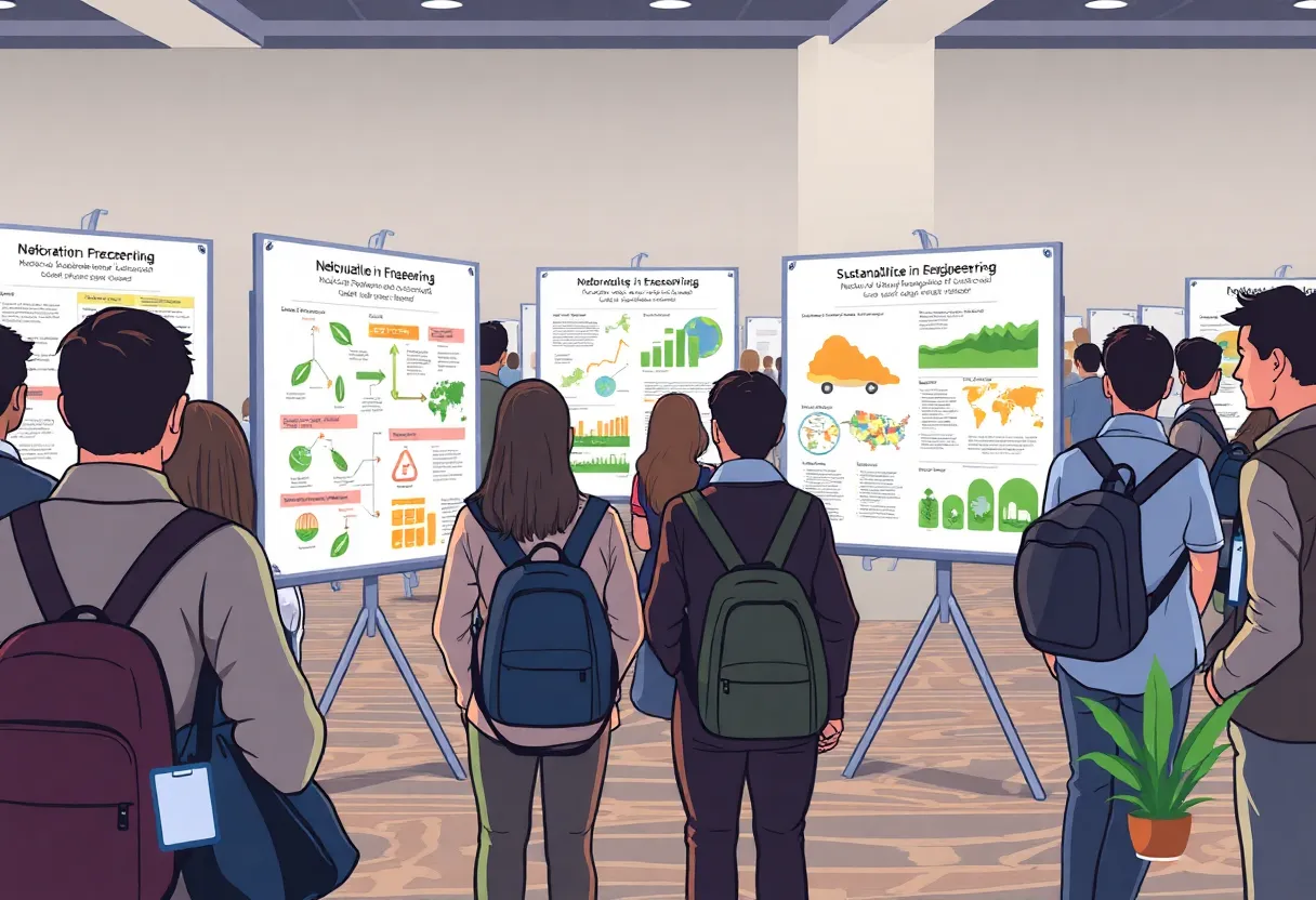 Graduate research conference display with posters highlighting engineering research