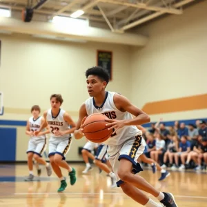 High school basketball players in action during a game.