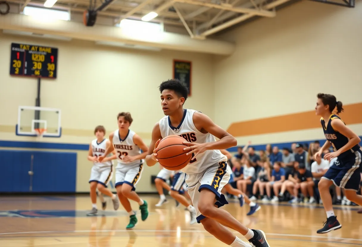 High school basketball players in action during a game.