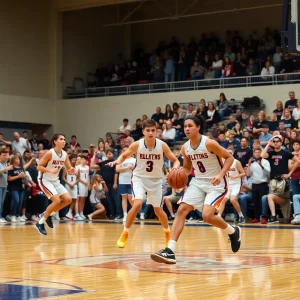 Action shot from the high school basketball game between Harding Prep and Oklahoma Christian Saints.