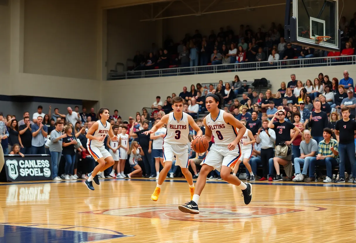 Action shot from the high school basketball game between Harding Prep and Oklahoma Christian Saints.