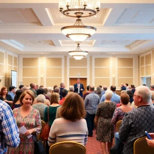 A community event focused on senior care options, featuring people interacting and learning from experts.