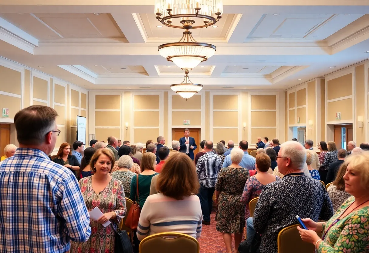 A community event focused on senior care options, featuring people interacting and learning from experts.