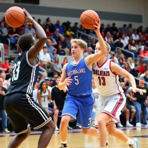 High school basketball game with players competing on the court.
