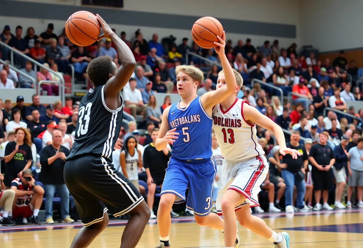 High school basketball game with players competing on the court.