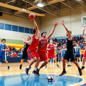 Players competing in a high school basketball game with fans cheering in the background.