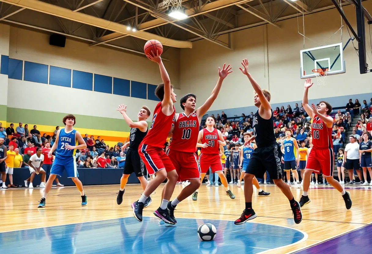 Players competing in a high school basketball game with fans cheering in the background.