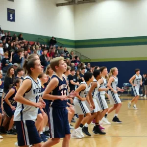Players engaging in a competitive high school basketball match.