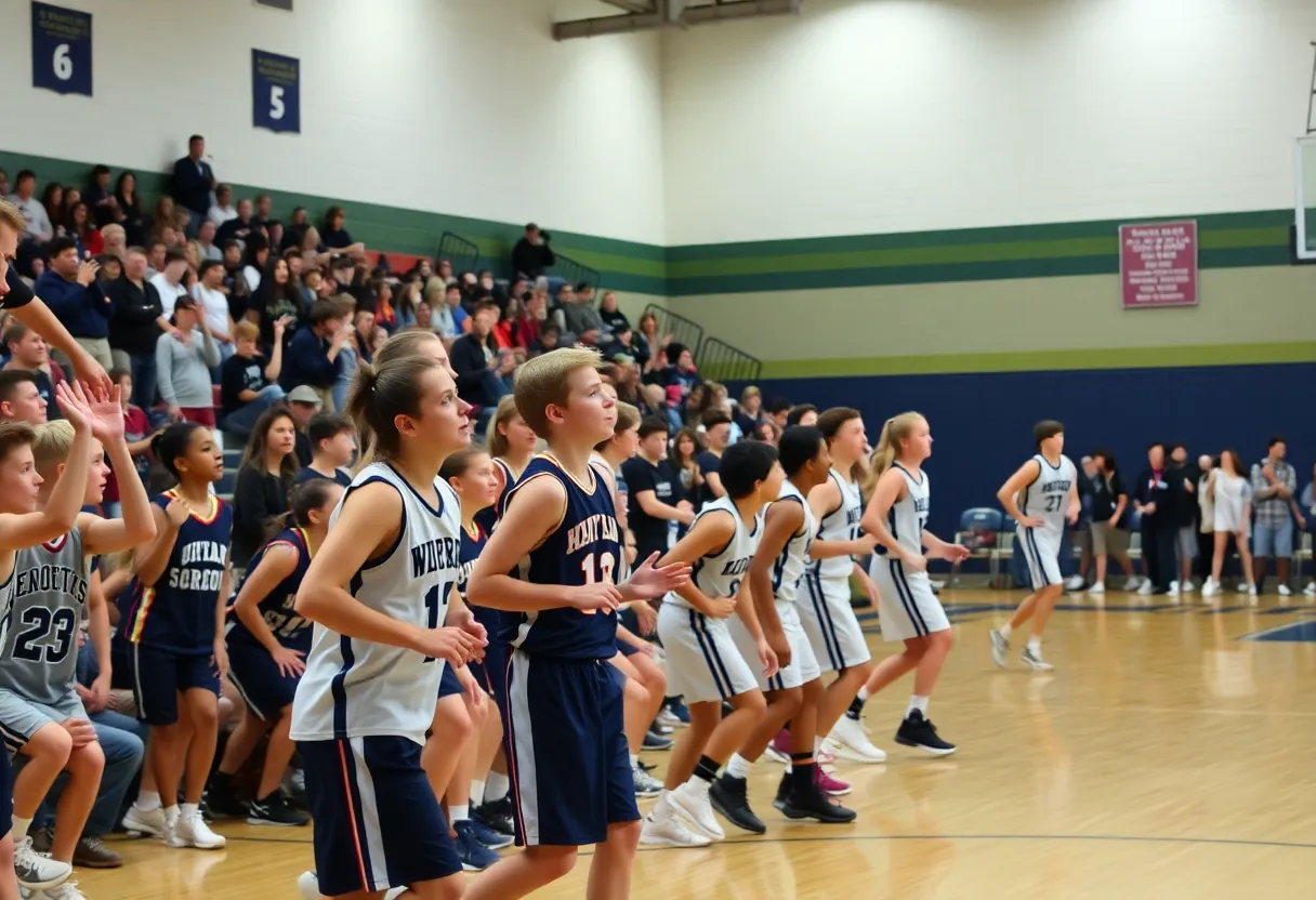 Players engaging in a competitive high school basketball match.