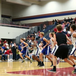 Action shot of high school basketball players competing on the court.