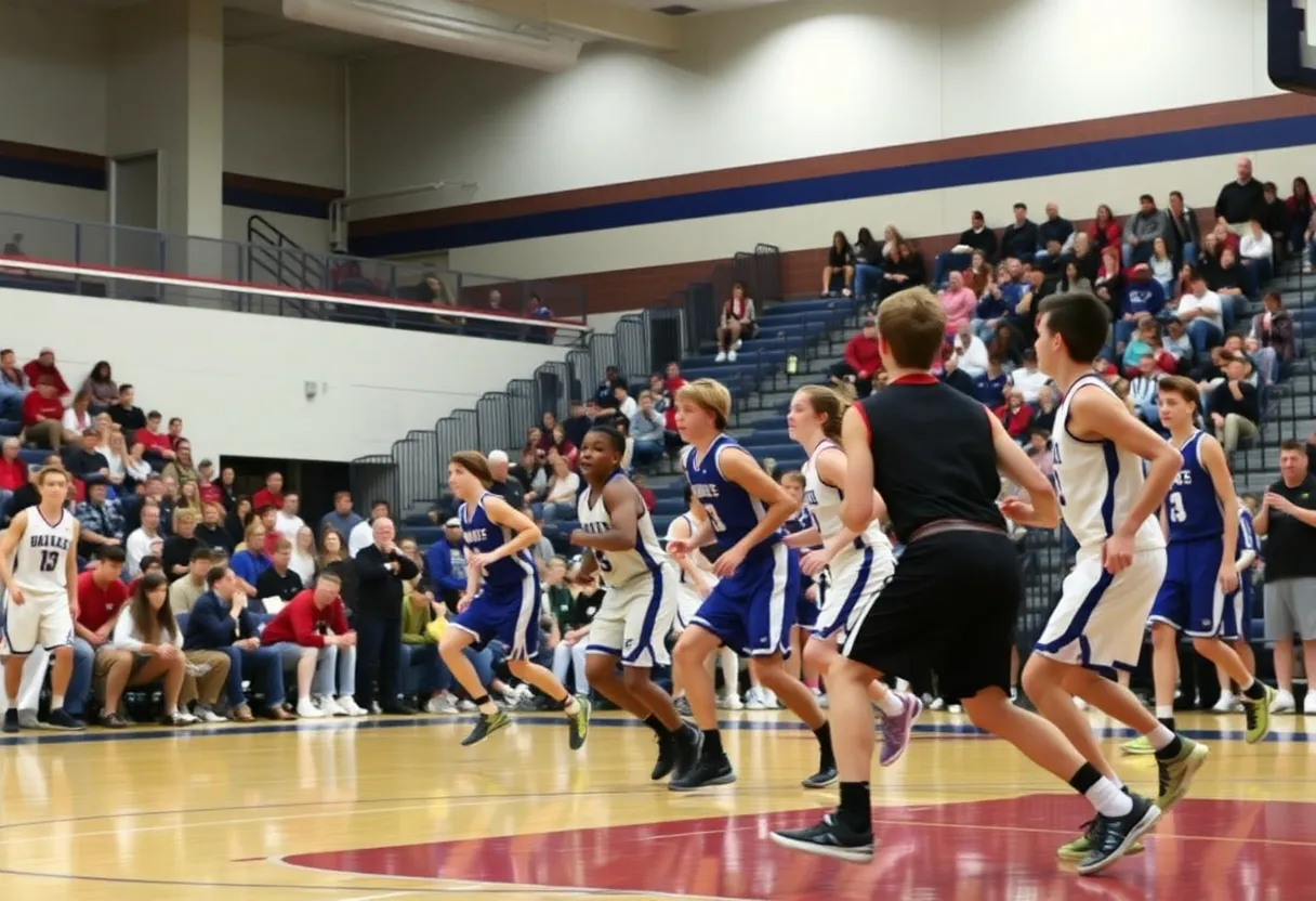 Action shot of high school basketball players competing on the court.