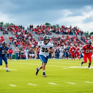Young athletes playing football on a high school field