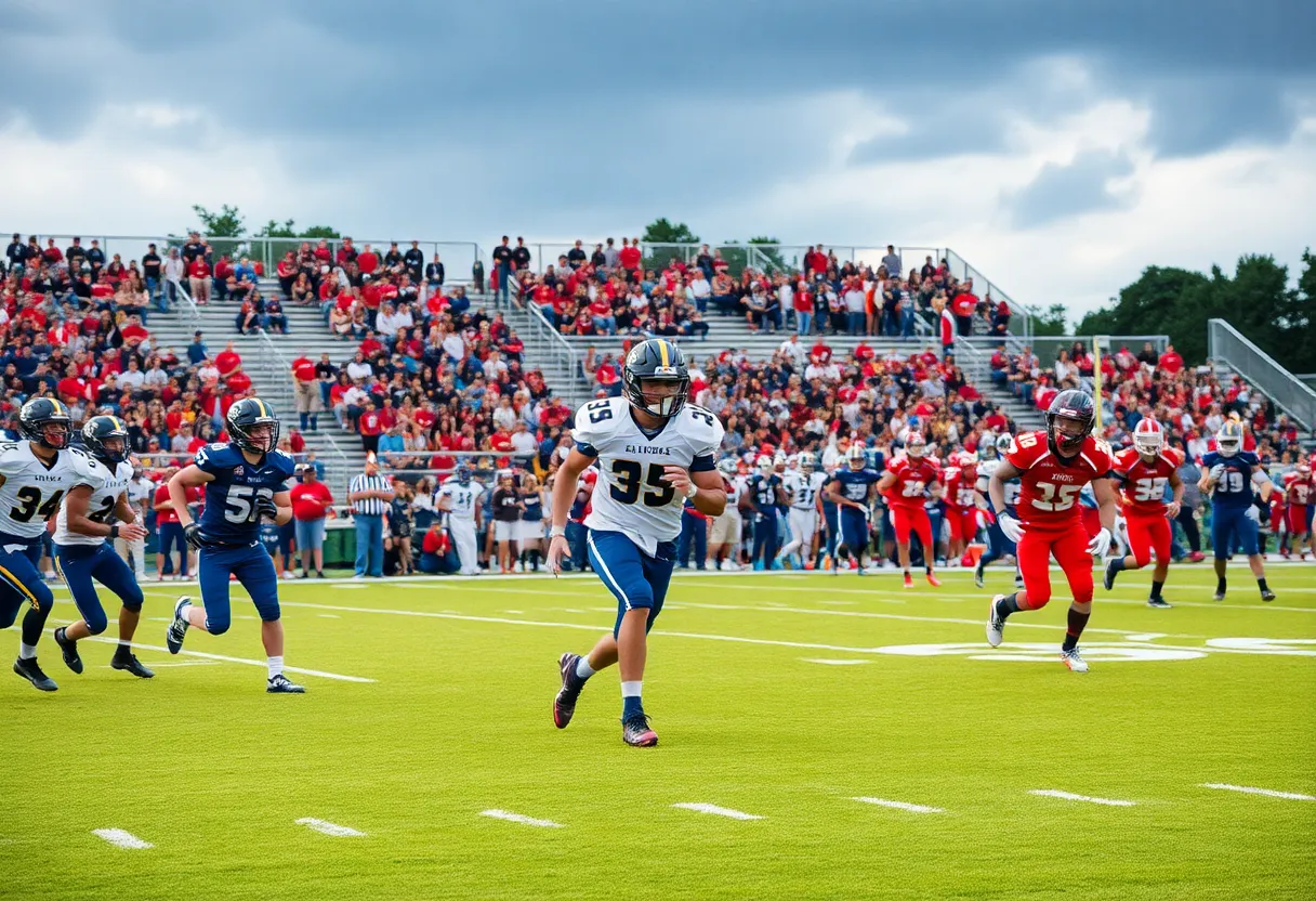 Young athletes playing football on a high school field