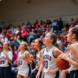High school girls basketball players in action during a game.