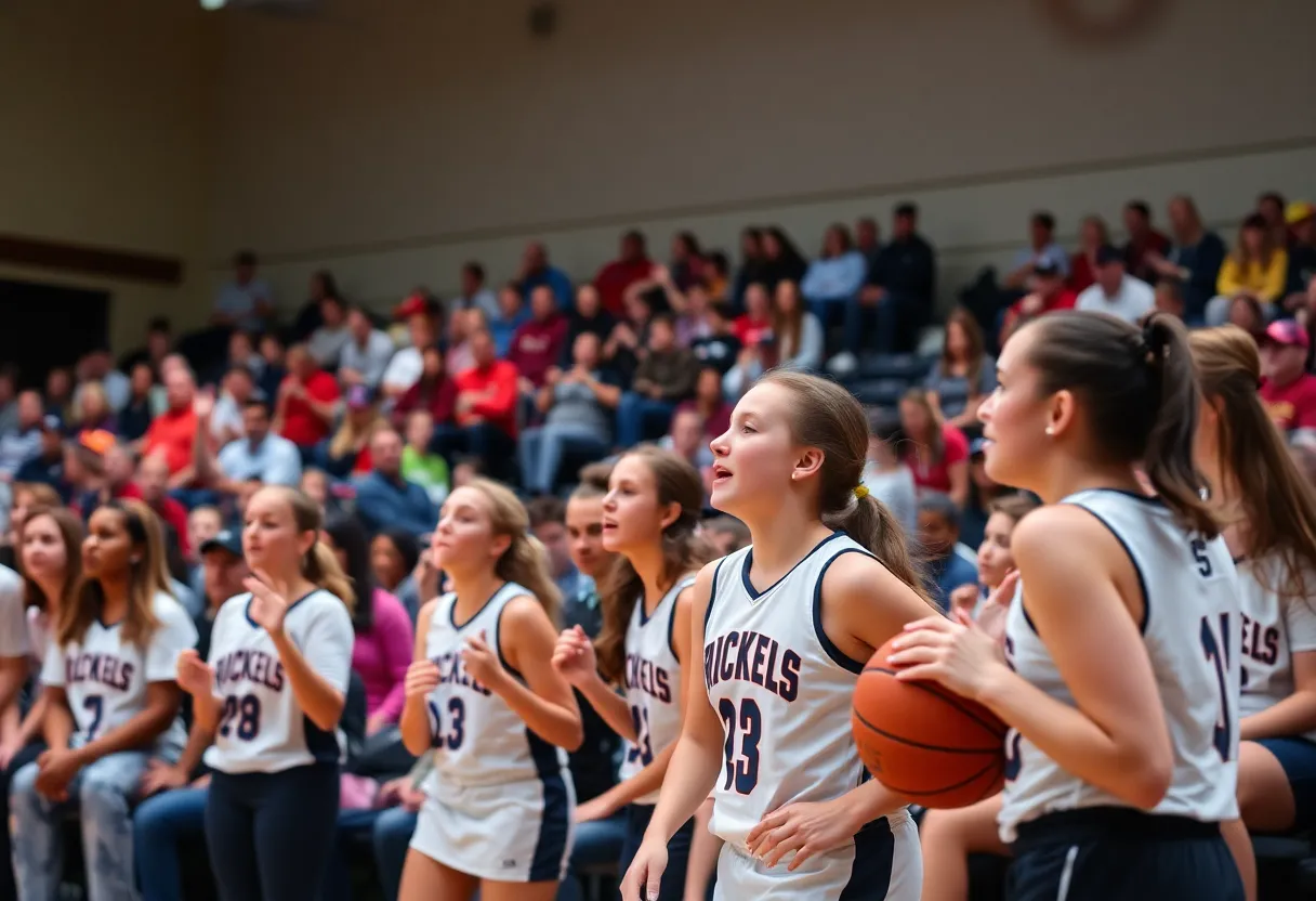 High school girls basketball players in action during a game.