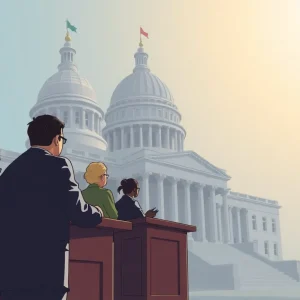 Illustration depicting lawmakers discussing funding oversight in higher education.