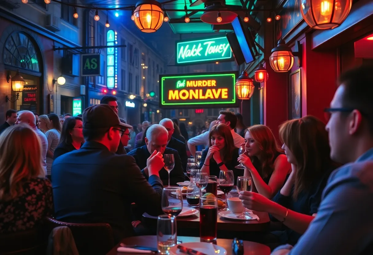 People enjoying an interactive murder mystery dinner show