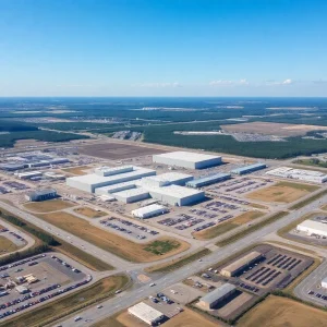 Aerial view of Iron Horse Industrial Park in Shawnee, Oklahoma highlighting industrial facilities.
