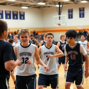 High school basketball players competing on the court