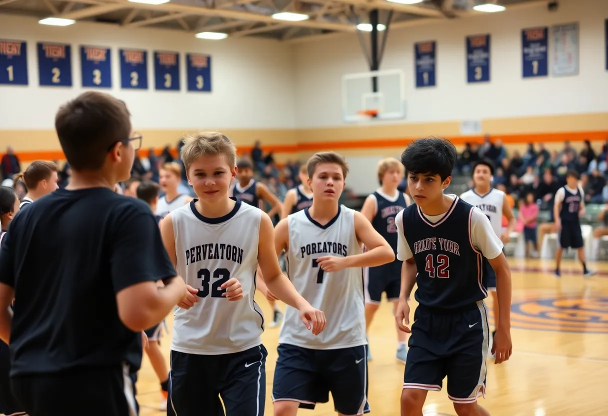 High school basketball players competing on the court