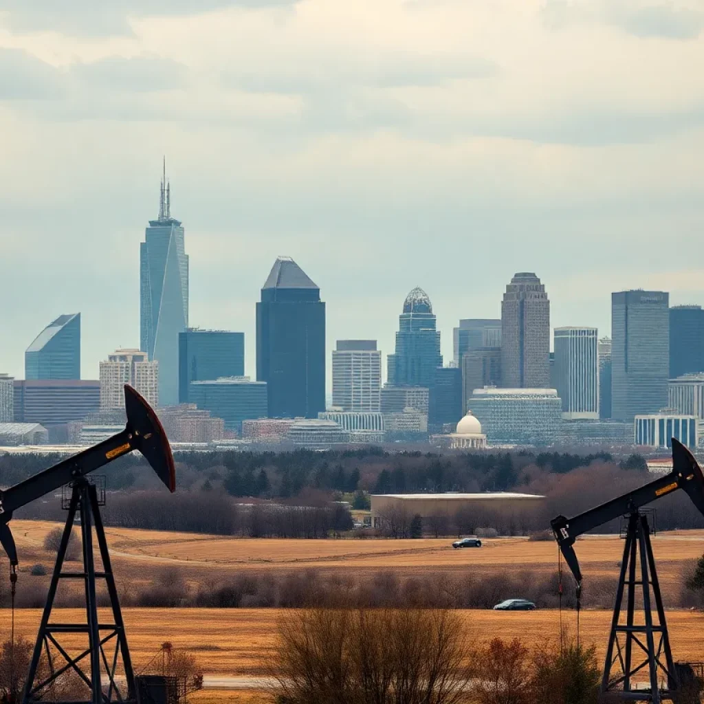 A skyline view of Kansas City with oil rigs reflecting the decline in energy activity.