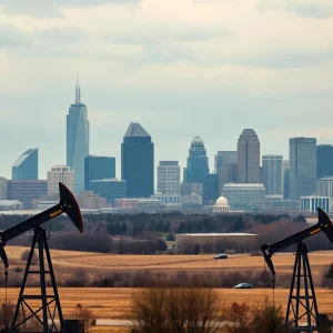 A skyline view of Kansas City with oil rigs reflecting the decline in energy activity.