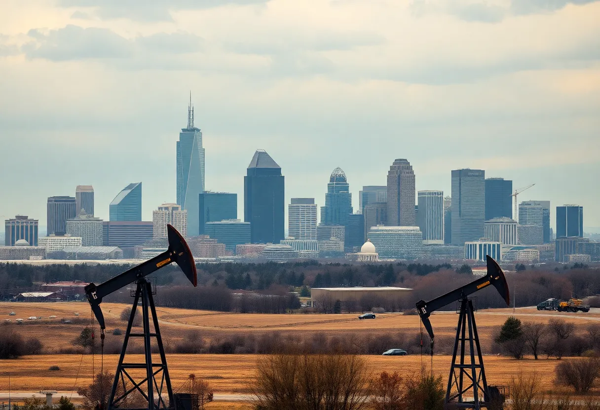 A skyline view of Kansas City with oil rigs reflecting the decline in energy activity.