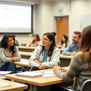Students in a classroom discussing healthcare administration