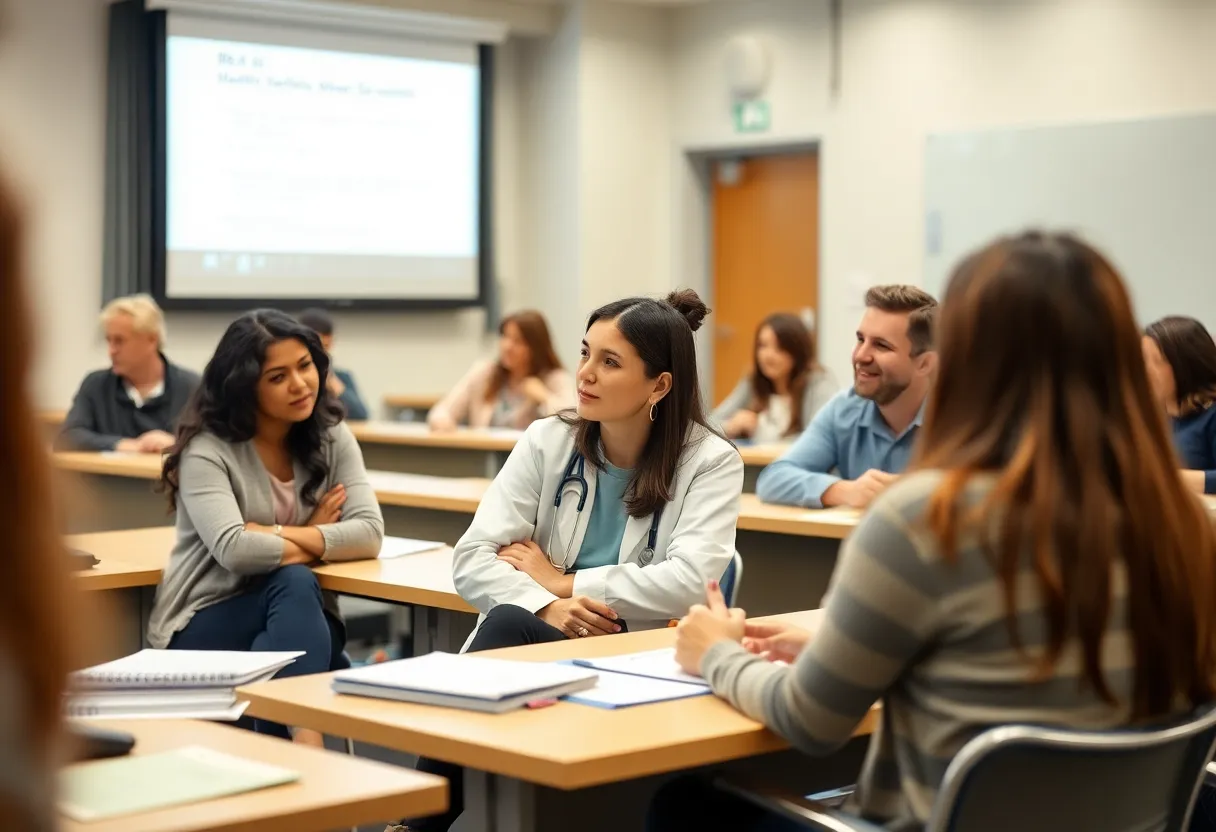 Students in a classroom discussing healthcare administration