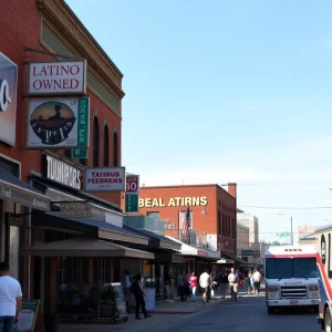 A vibrant street scene of Latino-owned businesses in Tulsa with food trucks and shops.
