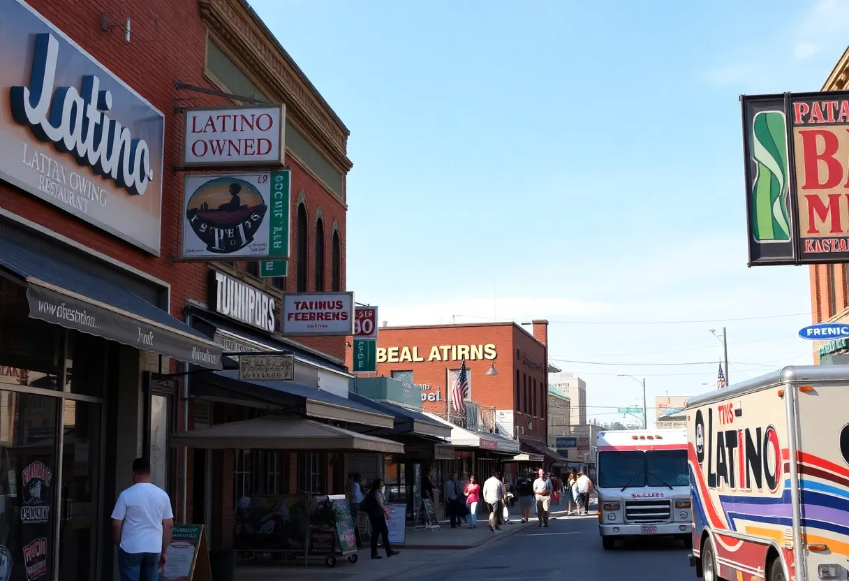 A vibrant street scene of Latino-owned businesses in Tulsa with food trucks and shops.