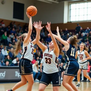 Girls' basketball team from MacArthur High School playing against Bishop McGuinness
