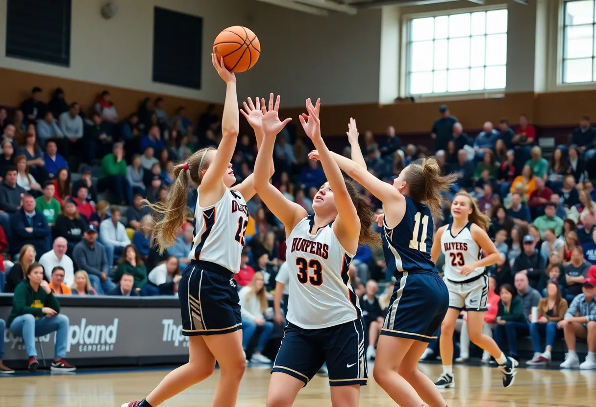 Girls' basketball team from MacArthur High School playing against Bishop McGuinness