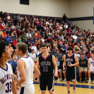 Basketball game action between MacArthur Generals and Normal West Wildcats